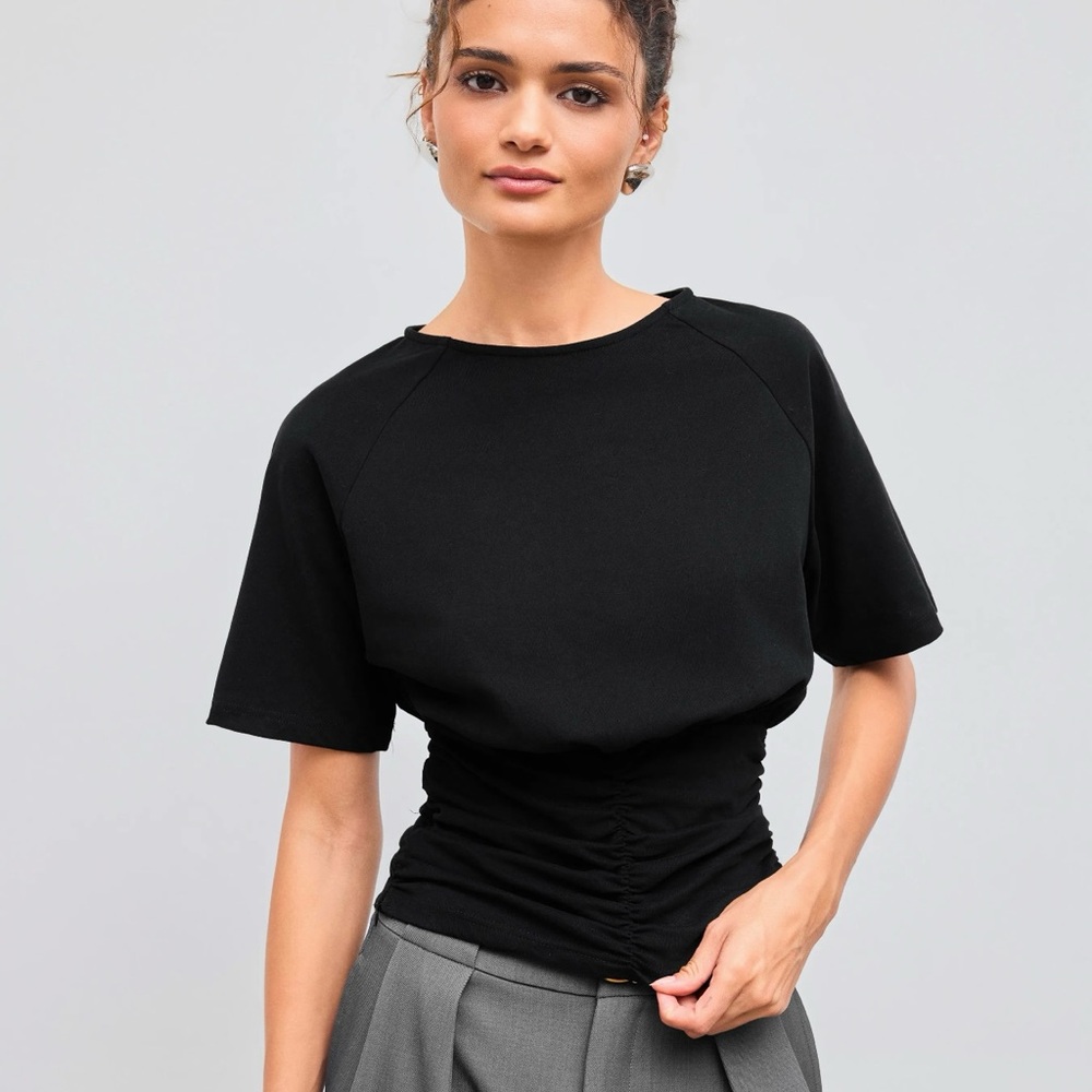 CIDER COTTON-BLEND ROUND NECK SOLID RUCHED SHORT SLEEVE TEE, Size XL (10)